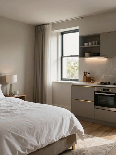 Wide environmental shot of a pristine apartment interior prepared for guest arrival — made bed with crisp white linen in the left foreground, an organized kitchen counter visible in the background, warm natural daylight entering from tall windows, no people, neutral palette with brushed brass hardware detail as the focal accent