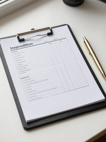 Close-up overhead view of a property inspection checklist on a matte black clipboard placed on a clean white desk surface, a brushed gold pen resting beside it, natural side-light from a window casting a soft directional shadow, no people, organized and precise composition