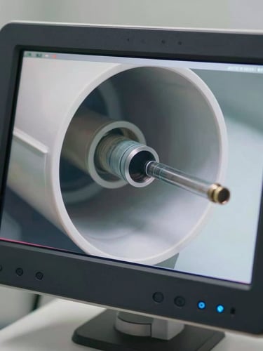 Close-up of a high-tech diagnostic screen showing the clear interior of a PVC pipe, sharp technical details, daylight lighting.