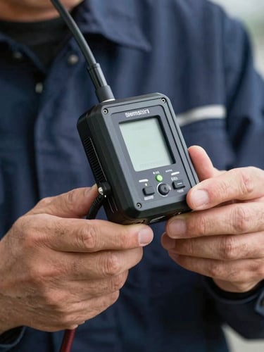 Close-up of a professional technician in a clean navy uniform holding a digital geophone device, high-contrast daylight, technical precision.