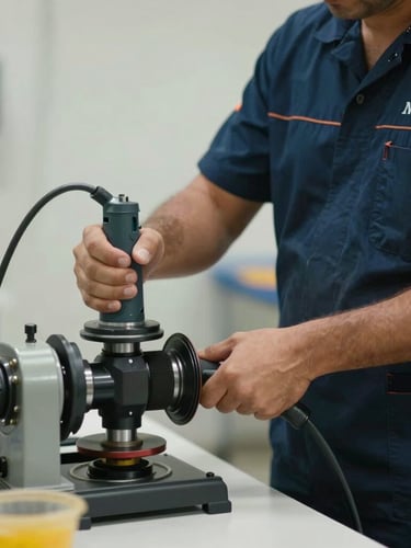 Close-up de um técnico profissional com uniforme azul escuro operando uma máquina desentupidora rotativa em uma área de serviço limpa, iluminação natural clara.