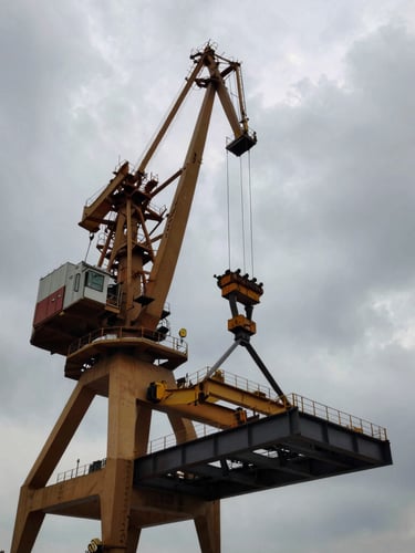 Low-angle heroic shot of a massive crawler crane lifting steel structures at an Indonesian port, dramatic overcast sky, high-contrast industrial lighting