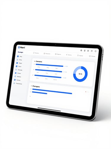 Clean digital product dashboard mockup on a tablet screen, bright high-key studio lighting, electric blue accent lines, minimalist white background