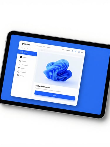 Overhead flatlay of a clean digital workspace with a tablet displaying modern software UI mockups, bright high-key studio light, electric blue accents, sharp focus