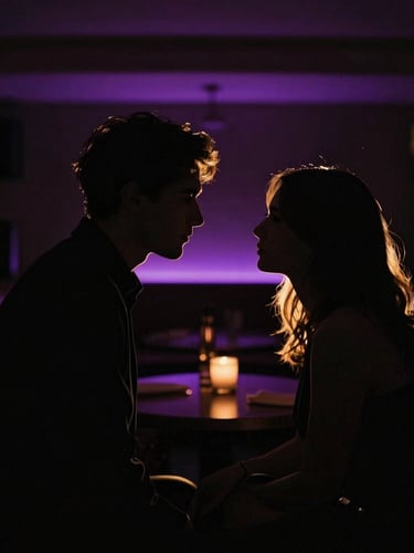 Artistic silhouette of a couple in a low-lit premium lounge, golden light outlining their shapes, purple shadows, anonymous framing, moody low-key photography, 35mm