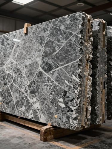 Wide-angle architectural shot of massive stacked granite and marble slabs in a well-lit showroom warehouse, high-contrast directional lighting highlighting natural stone veining, slate and charcoal tones.