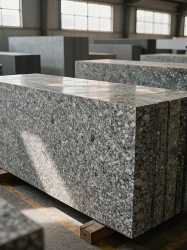 A wide-angle architectural photograph of beautifully stacked, large granite slabs in an organized showroom, natural light streaming from high windows, highlighting the deep textures.