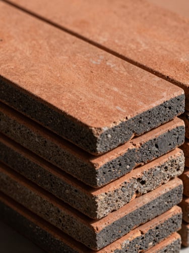 A close-up, high-contrast shot of stacked matte vitrified tiles showing raw terracotta and charcoal edge profiles under sharp directional light.