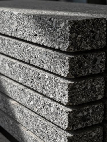 High-contrast directional light on stacked premium granite slabs in an architectural warehouse, emphasizing the deep raw textures and matte finishes of the stone edges.