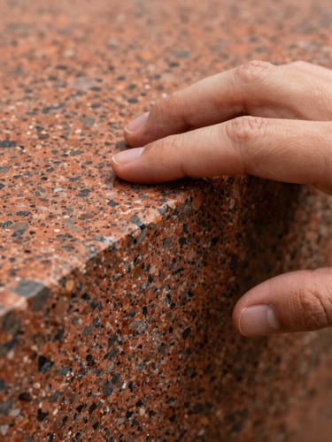 Macro close-up of a hand tracing the textured, raw edge of a deep terracotta granite slab, showing the mineral flecks and matte finish.