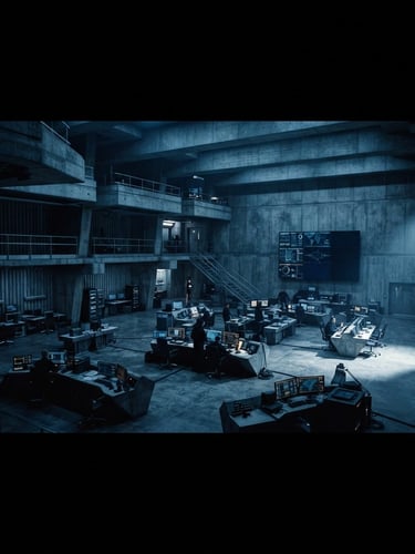 Wide panoramic brutalist concrete command center, low-key blue-tinted lighting, sharp architectural focus, single-source light from the right, dark desaturated tones, 35mm