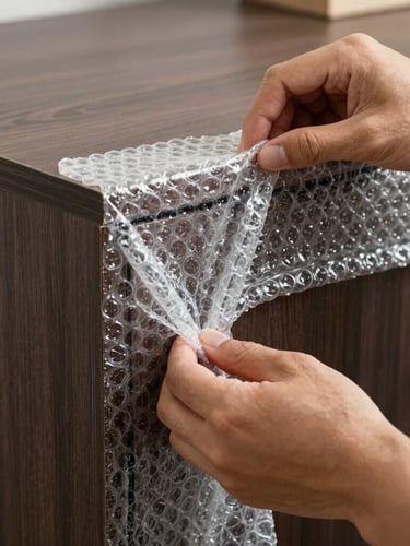 Close-up of professional hands applying heavy-duty bubble wrap to the corners of a dark wood cabinet, sharp focus, natural daylight