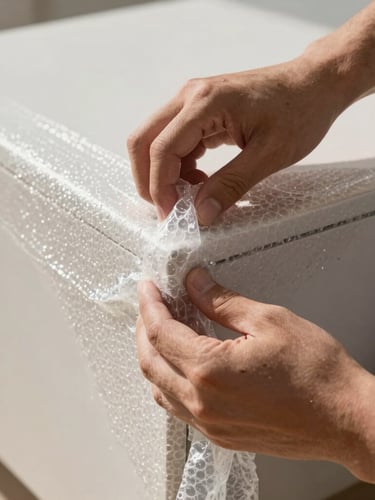 Close-up of hands applying heavy-duty bubble wrap to furniture corners, natural bright UAE daylight, sharp focus on the physical action of securing items.