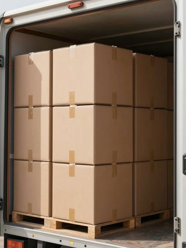 Medium shot of heavy-duty double-walled moving boxes stacked neatly inside a clean transport truck, bright natural UAE daylight illuminating the secure alignment.
