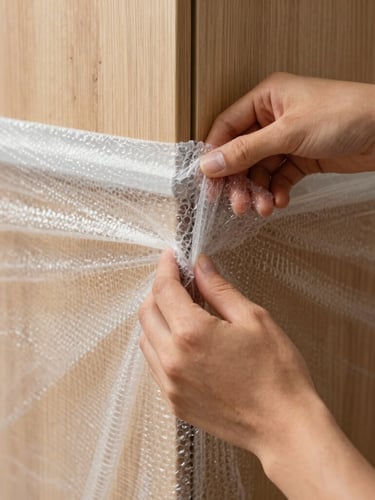 A close-up of hands applying heavy-duty bubble wrap to the corners of a wooden cabinet, bright natural UAE daylight, sharp focus on the physical action.