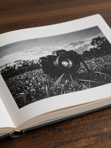 Cinematic wide shot of a physical photography book open on a dark wooden table, soft side tungsten light revealing the textured cotton paper and deep black ink