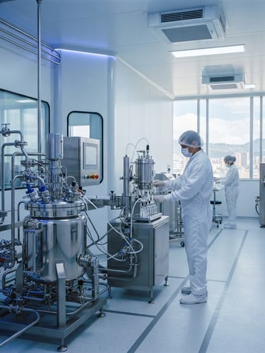 Crisp corporate photography of a modern pharmaceutical cleanroom in Bogotá, glowing blue and slate tones, sharp focus on stainless steel equipment, natural daylight, 35mm.