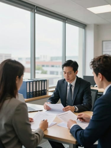 Wide environmental shot of a real estate office interior, an advisor and client seated across a table reviewing property documents in natural daylight from tall windows, papers spread on the desk, organized binders visible in background