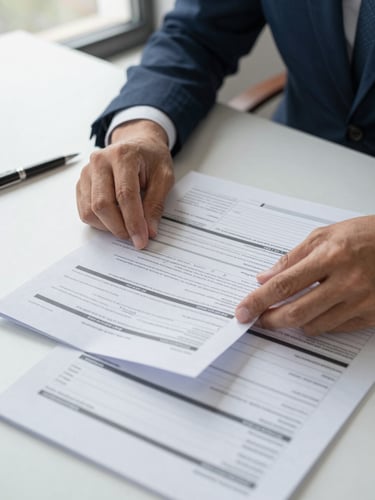 Close-up of an advisor's hands spreading printed health plan comparison sheets across a desk, natural window light falling across the documents, a pen resting beside the papers, organized and deliberate