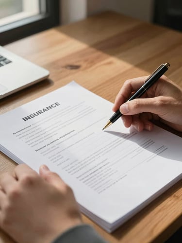 Close-up of hands on an open insurance policy document on a wooden desk, a pen resting beside it, natural daylight from a side window casting soft shadows across the printed pages, organized and deliberate atmosphere