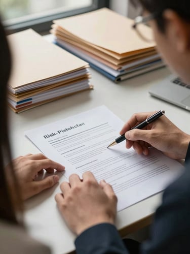 Close-up over-the-shoulder frame of an advisor's hands pointing to sections of a printed risk analysis document on a desk, client's hands visible on the opposite side of the document, warm natural daylight from a nearby window, organized stacks of folders slightly out of focus in the background