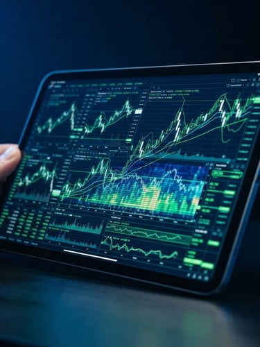 Sleek high-tech photography, close-up of a tablet displaying complex financial charts and green data streams, cool studio lighting, deep blue shadows, sharp focus