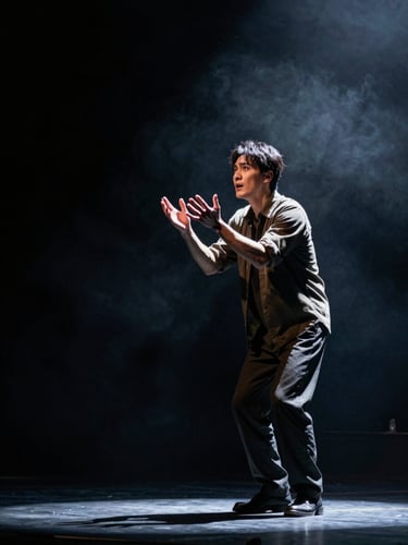 An actor on a dark stage, dramatic theatrical spotlight from the side, expressive hands, smoke in the air, intense chiaroscuro