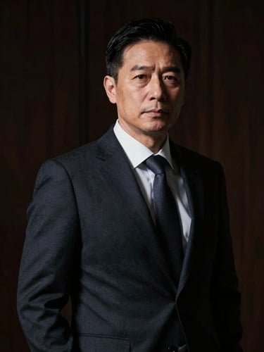 A high-profile executive in a sharp dark suit, low-key side lighting casting deep shadows, confident expression, premium editorial style