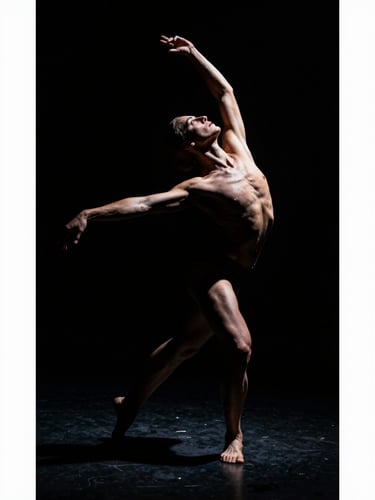 A sculptural portrait of a dancer in motion, deep shadows, single overhead spotlight highlighting muscular tension, dark background, chiaroscuro