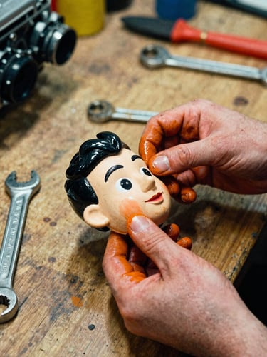 Close-up of hands covered in grease and orange paint, holding a miniature puppet head next to a Porsche engine wrench on a wooden workbench, high-contrast workshop lighting.