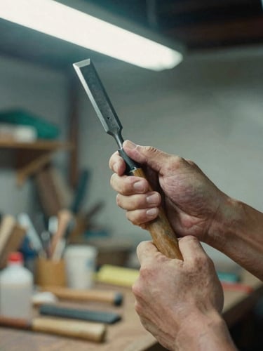 Close-up of weathered hands holding a hand-forged Japanese timber chisel inside a cluttered Tokyo workshop, soft fluorescent light, 35mm film style.