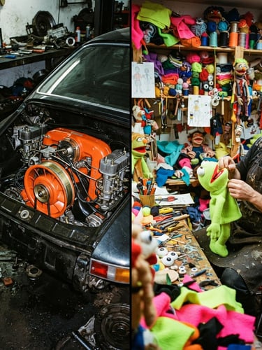 Split screen composition: on the left, a bright orange Porsche flat-six engine; on the right, a chaotic puppet workshop with neon fleece, gritty 35mm film style.
