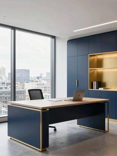 Bright modern London office desk, natural daylight, pristine workspace, navy and gold tones, professional interior photography