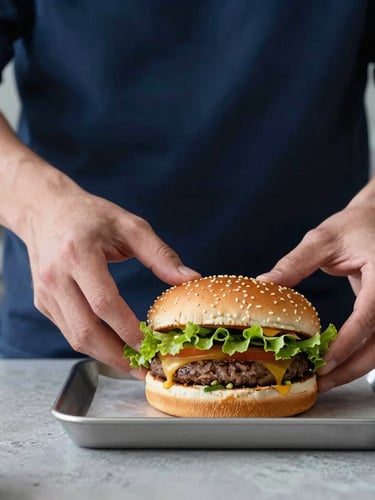 Portrait close-up of hands assembling a gourmet burger, placing fresh lettuce with tweezers, clean professional kitchen background, cool morning daylight, 3:4 aspect ratio.