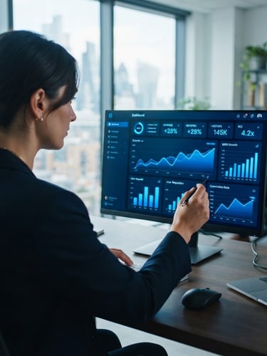 A crisp over-the-shoulder shot of a founder analyzing a high-contrast marketing dashboard with electric blue growth metrics, cool window light, sharp focus, 35mm lens