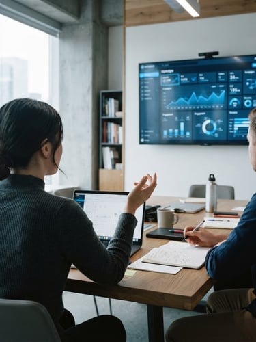 Over-the-shoulder view of a collaborative marketing strategy session, crisp dashboard UI on a monitor in the background, cool window light, desaturated tones with sharp blue accents, 35mm lens