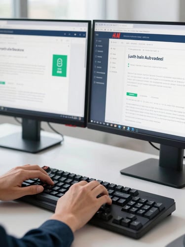 Close-up of a merchandiser's hands typing on a mechanical keyboard, a clean software interface on dual monitors showing an H&M buyer portal, bright office daylight, deep navy and emerald accents.