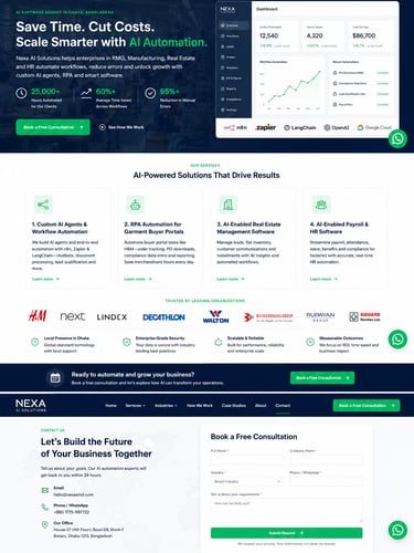 Nexa AI Solutions website showing AI automation services for real estate and HR software in Dhaka, Bangladesh.