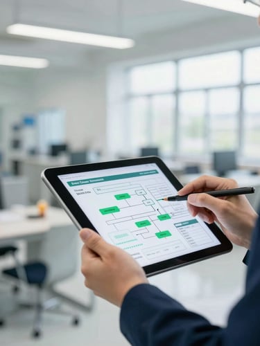 Professional industrial engineer mapping factory workflow on a tablet, with data diagrams overlaid, bright office daylight, clean corporate photography, deep navy and emerald accents, sharp focus, 35mm