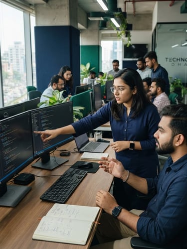 Professional Bangladeshi software engineers collaborating in a modern, bright office in Dhaka, dual monitors displaying clean code interfaces, natural daylight, deep navy and emerald accents, wide cinematic shot