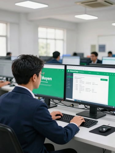 Wide shot of a modern garment factory office in Dhaka, a merchandiser working efficiently on a clean dual-monitor setup, screen showing an automated buyer portal interface, bright daylight, navy and emerald accents.