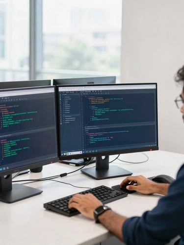 Bright natural daylight office in Gulshan-2 Dhaka, professional software developers collaborating around dual monitors showing clean code interfaces, deep navy and emerald accents, sharp focus, 35mm
