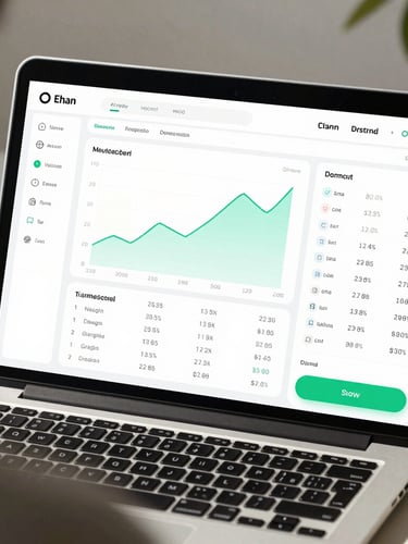 Clean, high-fidelity UI mockup of a modern financial dashboard on a laptop screen, showing simplified charts, crisp data columns, and a bright mint green action button, natural daylight, soft shadows, over-the-shoulder perspective.