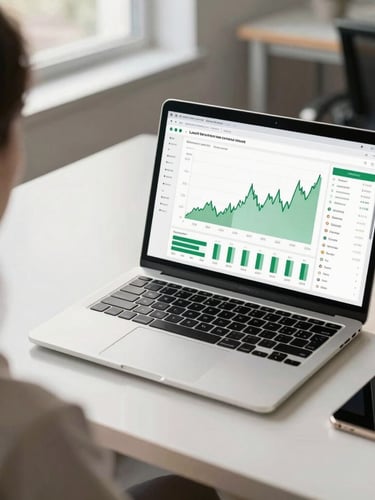 Over-the-shoulder shot of a clean, modern office desk with a laptop displaying a simplified financial dashboard with green charts, bright natural daylight.