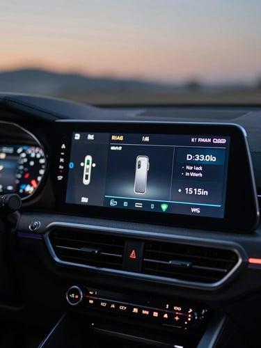 Macro POV shot of a modern car dashboard infotainment screen glowing in a dark cabin at twilight, displaying high-contrast audio channel details, steering wheel controls softly lit in the foreground