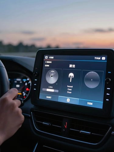 Macro shot of a glowing car infotainment screen displaying satellite radio channels, hand on steering wheel, twilight highway background