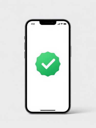Bright high-key studio shot of a modern smartphone displaying a green verified badge, clean light gray background, sharp focus, tech-utility commercial aesthetic