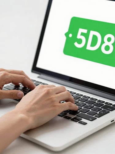 Bright high-key close-up of hands typing on a sleek laptop with a green discount tag graphic on screen, clean studio lighting