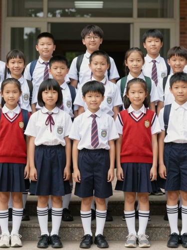 A formal yet warm group portrait of upper primary graduating students in school uniforms, standing on the campus steps, bright natural daylight, 35mm lens