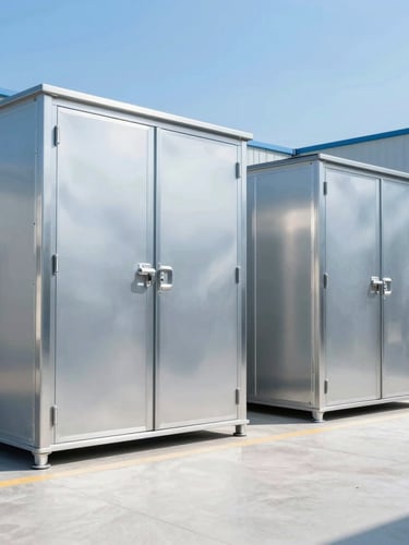 Pristine, modern industrial cold-storage warehouse with stainless steel racking, bright clinical daylight, crisp blue-tinted atmosphere, sharp focus.